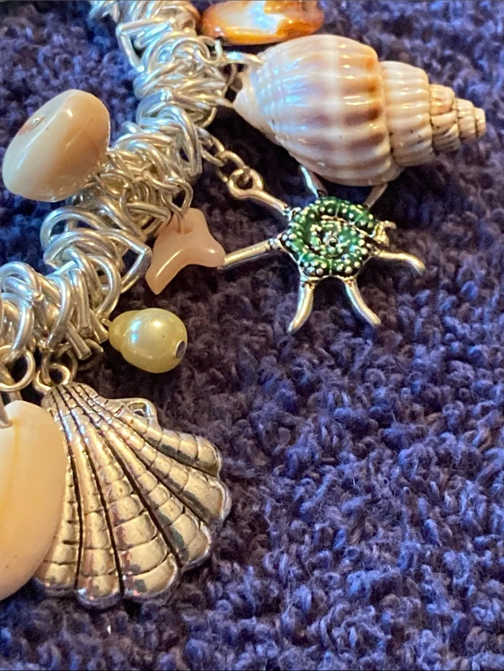 Seaside Charm Bracelet with Green Turtle and Shell Charms